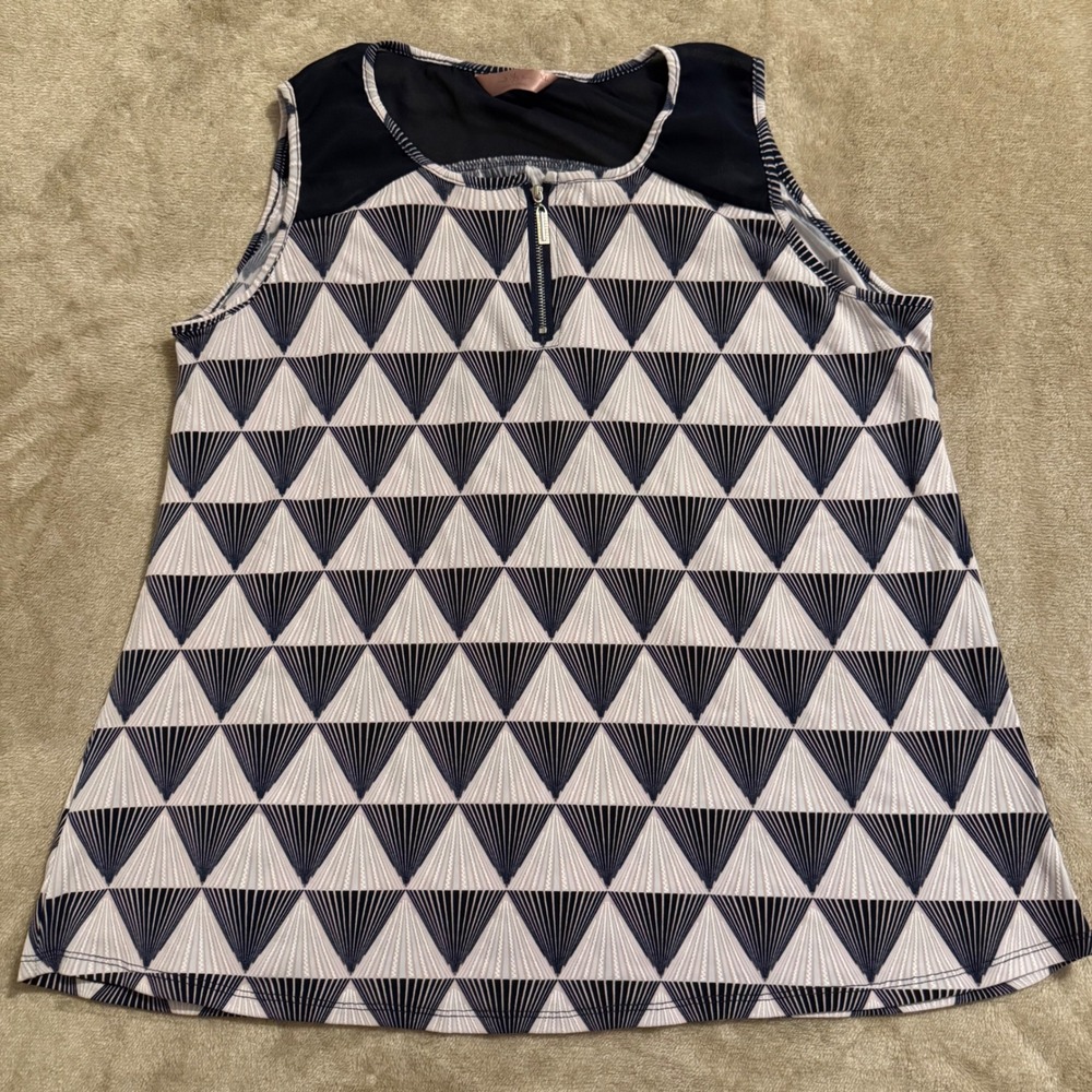 SJS Womens XL Navy White Geometric Triangle Print Mesh Shoulder Quarter Zip Top